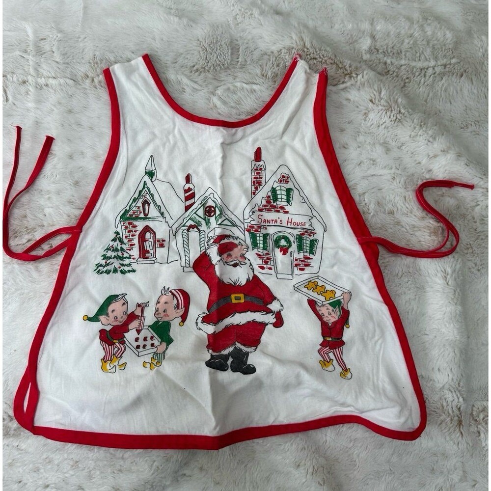 Vintage 1970s Kids Santa’s House Elves Baking Cookies Apron Pocket Side Ties
